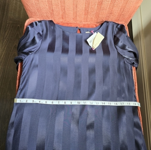 NWT Cremieux Selina Ruffle Sleeve Navy Striped Satin Shift Dress Sz. S - Picture 7 of 11